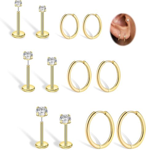 9PCS Hypoallergenic Titanium Nose Ring Studs Set, Silver Threadless Flatback Nose Stud for Women Men Gold Helix Tragus Piercing Jewelry Small Push in Flat Back Earrings CZ Ball Heart 20G 2/2.5/3/4mm in Saudi Arabia