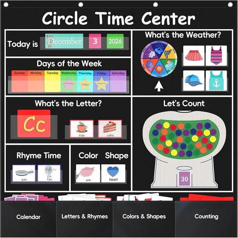 Circle Time Learning Center Censroom Classroom Pocket Pocket ، Circle Time Calendar Preschool تشمل 224 بطاقة ، مواد مخطط جيب تعليمي ، تقويم تقويم الطقس in Kuwait