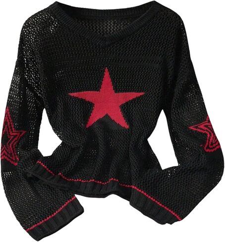 Milumia Women's Number Print Crochet Cover Ups Tops Loose Long Sleeve Knit Sweater in Saudi Arabia