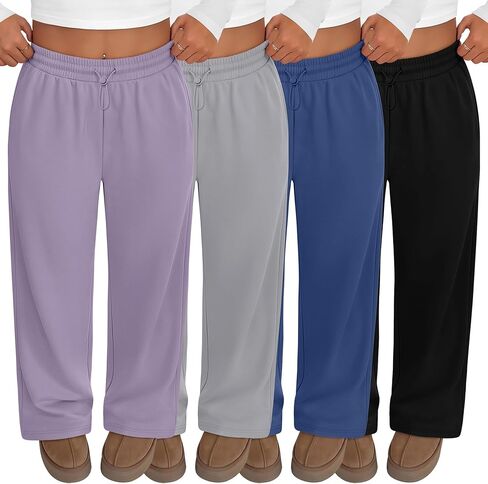 4 Pack Women Plus Size Sweatpants Wide Leg Baggy High Waist Yoga Pants Loose Lounge Palazzo Pants with Pocket in Kuwait