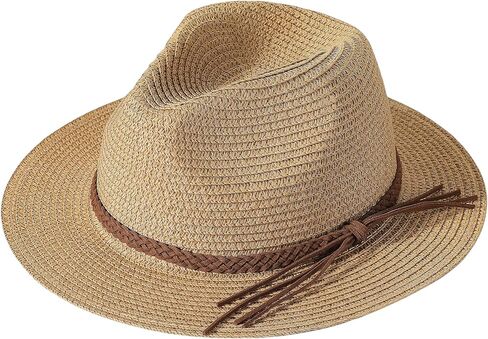 قبعات شاطئ Dofowork للنساء - قطرات Sun Straw Fedora للنساء ، ومستحضرات Sun Hat القابلة للتعبئة مع حزام الذقن ، UPF 50+ in Kuwait