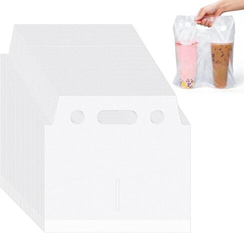 Whaline 1000 Count Handle Drinking Bags 2 Cups Handle Drink Carriers Clear Plastic Packaging Poly Bags for Delivery Take Out Cup Holder Beverage Coffee Juice Mike Tea Stores, 11 x 12.2 Inch in Kuwait