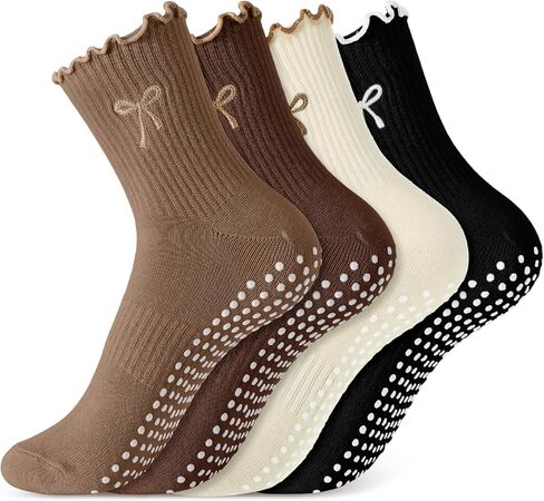 Jeyiour 4 Pairs Ruffle Pilates Socks with Grips for Women, Non Slip Crew Yoga Socks with Cute Bow for Gym Ballet Barefoot in Saudi Arabia