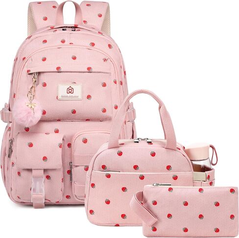 School Backpack with Lunchbox for Teens Girls Women 15.6 Inch Laptop College Backpacks with Lunch Bag Bookbag Set Corduroy Kids Elementary Middle High Bags Students Daypack - Beige Strawberry Set in Saudi Arabia