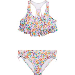 Hobie Girls' Flounce Bralette and Side Tie Hipster Bottom Swimsuit Set
