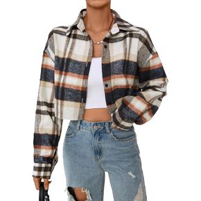 SweatyRocks Women's Plaid Pattern Cropped Button Down Shirt Drop Shoulder Long Sleeve Blouse