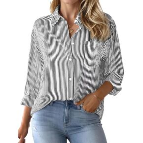Misakia Cotton Striped Button Down Shirt for Women Classic V Neck Long Sleeve Blouses Collared Office Work Tops