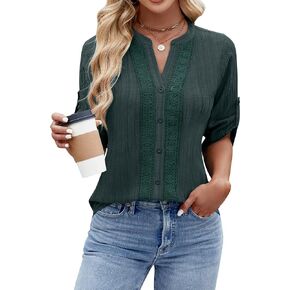Blooming Jelly Womens Button Down Shirts Lace Crochet Dressy Casual Tops 3/4 Sleeve Work Summer Outfits 2024