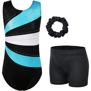 TFJH E 3 in 1 pcs Gymnastics Leotards for Girls Practice Outfits Shorts Set Shiny Diamond Activewear 5-12Y