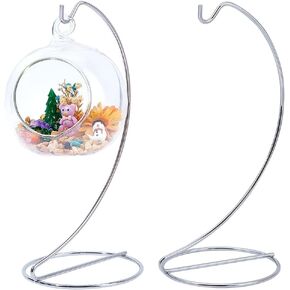 DELORIGIN 2pcs Ornament Display Stand Holder Glass Globe Silver Metal Iron Wire Stand Hanging Hook Holder Rack for Hanging Air Plant Terrarium Witch Ball Bauble Wedding Home Office Garden Decorations