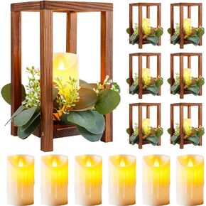Neoflavie 12 Pcs/6 Set Wooden Wedding Lantern Centerpiece Include 6 Lantern Candle Holder for Rustic Wedding 6 Flameless LED Candle for Wedding Table Party Baby Shower Farmhouse Decor(No Wreathes)