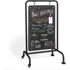 Ilyapa Rolling Modern Metal Double Sided Swinging Chalkboard Sidewalk Sign - 22 X 38 inch Black Magnetic Frame Alternative Outdoor Indoor Menu Board Sandwich Message Sign for Retail, Wedding, & More