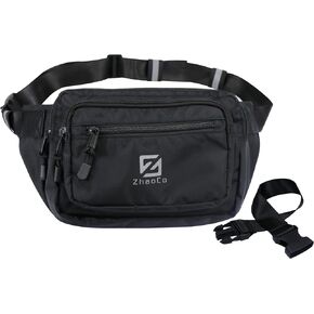 Bumbag Waist Fanny Pack for Men Women Water Resistant Waist Bag with 4 Zipped Pockets and Adjustable Buckle Strap for Dog Walking Running Hiking Travelling - Black