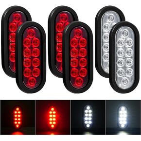 PVerandio 6Pcs 6 Inch Oval LED Trailer Lights 4 Red and 2 White 10 LED Tail Lights for Trucks RV Jeep 6" Oval LED Stop/Turn/Tail Lights w/ 3-pin Water Tight Plug & Flush Mount Grommets Sealed 12V