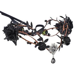 Renaissance Black Fairy Flower Crown - Handmade Elf Floral Headpiece with Crystal Gothic Elven Headpiece Woodland Tiara for Women Girls Mardi Gras Cosplay Carnival Photoshoot Accessories