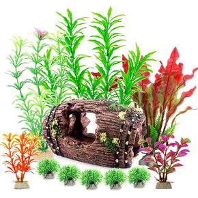 FUNOJOY Broken Barrel Fish Tank Decor - 11pcs Artificial Plants Aquarium Accessories Fish Tank Ornaments for Betta Fish Cave Hide Tank Decorations