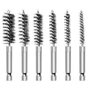 6 Pieces Bore Brush Set Variety of Size & Shape Stainless Steel Twisted Wire Brush for Cleaning Rust, Auto, Corrosion, Tubes Holes, 1/4in Hex Drill Shank for Power Drill Impact Driver, 4" Long