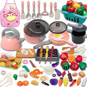 Kids Kitchen Toy Accessories Kitchen Playset Pretend Cooking Play Pots Pans Utensils Cookware Food Fruit Veges Shopping Storage Basket Learning Gift for Girls Boys