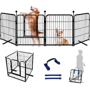 Metal Freestanding Dog Gates with Door, Extra Wide 110'W32'H 4 Panels Outdoor Dog Gate, Include Foot Support