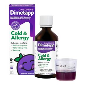 Dimetapp Children’s Cold & Allergy Medicine, Antihistamine, Nasal Decongestant, Relieves Nasal Congestion, Itchy, Watery Eyes & Sneezing, Grape Flavor, Alcohol-Free, Pharmacist Recommended, 8 Fl Oz