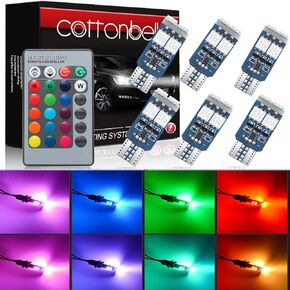 Cottonbell 194 W5W 168 RGB T10 LED Light Bulb with Remote Control Atmosphere Lights for Car Interior/Map/Dome/Door/License Plate Light Courtesy Lights 6 pack