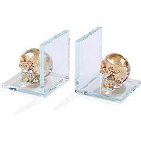 Book Ends for Shelves, Glass Bookends with Plating Multicolor Crystal Skull, Day of The Dead Decor, Non Skid Sturdy Crystal Decorative Bookends for Heavy Books, Office, Set of 2