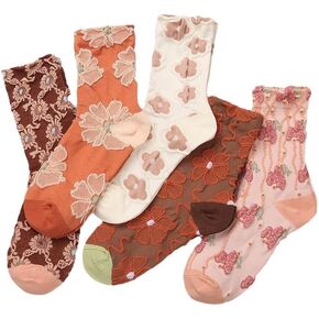 5 Pairs Floral Cotton Socks Cottagecore 3D Textured Ankle Casual Sock Lolita Fairycore Socking Coquette Accessories