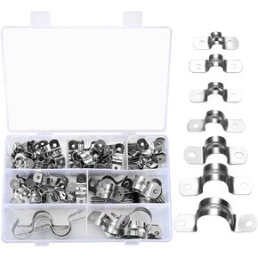 qxayxa 90 Pcs Two Hole Strap U Clamp,Pipe Strap U Bracket Clamp, Stainless Steel Rigid Pipe Strap U Bracket Tube Strap Clamp Kit for Pipe Tube Fixing Mounting - 5/16" 3/8" 9/16" 1/2" 5/8" 3/4" 1"