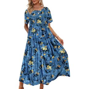 YESNO Women Casual Loose Bohemian Floral Dress with Pockets Short Sleeve Long Maxi Summer Beach Swing Dress XL EJF CR428