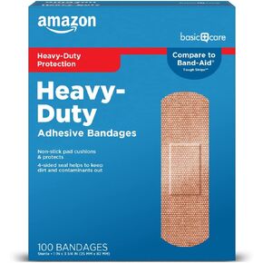 Amazon Basic Care Heavy-Duty Fabric Adhesive Bandages, First Aid and Wound Care Supplies, One Size, 100 Count