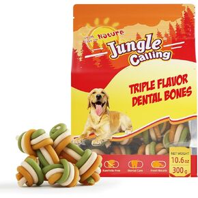 Jungle Calling Rawhide Free Dog Dental Treats, Triple Flavor Dental Chews for Dogs, Easy to Digest, Teeth Clean Dog Bones for Small Dogs, 10.6 oz