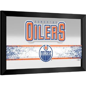 Trademark Global Wall Mirror - Ready-to-Hang Edmonton Oilers Logo Black Framed Rectangle Mirror - for Pub, Game Room, Garage or Home Bar