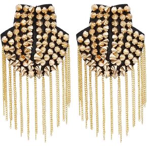 SUPERFINDINGS 2Pcs Golden Rivet Tassel Epaulets Detachable Punk Style Chain Tassel Epaulettes Fringe Shoulders Boards Badge with Iron Pin Metal Cloth Findings for Uniform Accessories 203x85mm