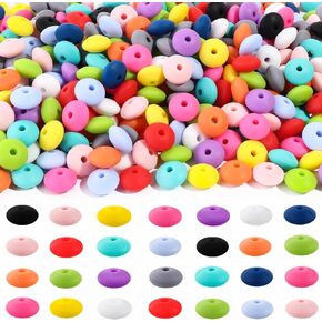 DIYDEC 200pcs Silicone Lentil Beads 12mm Silicone Abacus Beads 13 Colors Silicone Beads Keychain Making Bulk Round Silicone Spacer Beads for Pens Accessories DIY Necklace Bracelet Jewelry Crafts