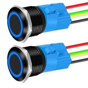 DaierTek 22mm Latching Push Button Switch 12V Waterproof Blue LED Metal Push Button Switch 12 Volt DC ON Off SPDT maintained Pushbutton Switch for Car Marine Boat -2pcs