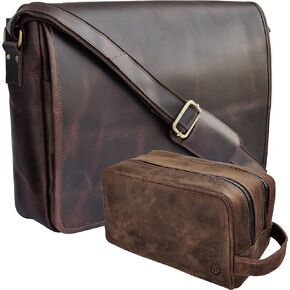 RUSTIC TOWN Handcrafted Genuine Leather Messenger and Toiletry Bag Combo - The Best Travel Gift For Men Women