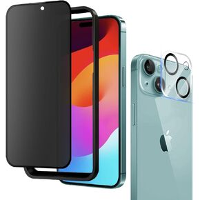 ZUKDO for iPhone 15 6.1" Matte Privacy Screen Protector with Camera Lens Protector Full Coverage Anti-glare Anti-spy Tempered Glass Film Anti-fingerprint Easy Installation