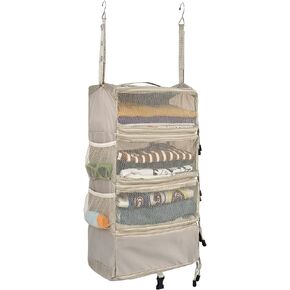 Surblue Travel Hanging Luggage Organizer Portable Suitcase Closet Organizer Multiple Compartments Collapsible Compression Packing Cubes Shelf, Beige, S