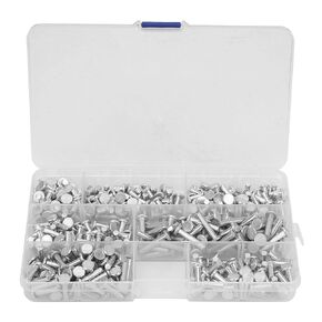 Akozon Flat Head Solid Rivets, 350pcs Aluminum Rivets Set M4 Flat Head Solid Rivet Length 4/6/8/10/12/16/20mm Aluminum Rivets Assortment Kit