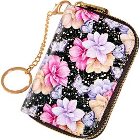 Credit Card Holder for Women, RFID Card Holder Wallet - Slim Leather Zipper Card Case - Ladies Small Keychain Wallets (Sweet Pink Gingham Red Cherries)