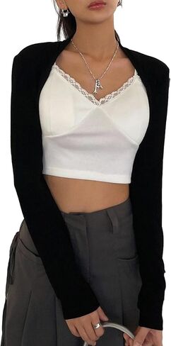 سترة نسائية من RoseSeek محبوكة مضلعة بوليرو أغطية طويلة الأكمام مفتوحة من الأمام بقصة ضيقة y2k in Kuwait