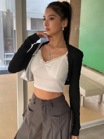 سترة نسائية من RoseSeek محبوكة مضلعة بوليرو أغطية طويلة الأكمام مفتوحة من الأمام بقصة ضيقة y2k in Kuwait