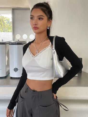 سترة نسائية من RoseSeek محبوكة مضلعة بوليرو أغطية طويلة الأكمام مفتوحة من الأمام بقصة ضيقة y2k in Kuwait