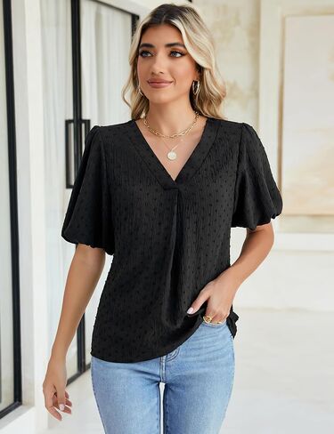 Blooming Jelly Women Dressy Casual Tops Business Work Blouses Summer Shirts Swiss Pot Puff Sleeve V Neck Outfits 2024 in Saudi Arabia