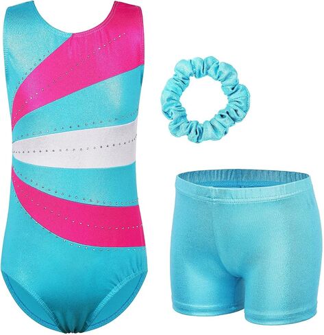 TFJH E 3 in 1 pcs Gymnastics Leotards for Girls Practice Outfits Shorts Set Shiny Diamond Activewear 5-12Y in Saudi Arabia