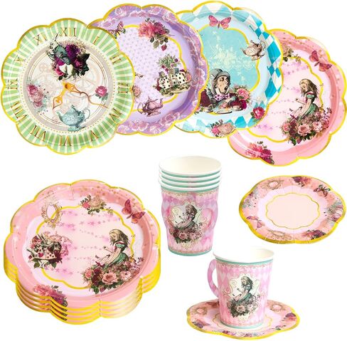 Alice and Wonderland Paper Plates and Cups Paper Saucers Mad Hatter Tea Party Alice Party Decorations Decor Baby Shower Birthday Favor Supplies in Saudi Arabia