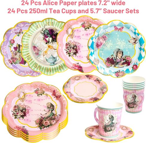 Alice and Wonderland Paper Plates and Cups Paper Saucers Mad Hatter Tea Party Alice Party Decorations Decor Baby Shower Birthday Favor Supplies in Saudi Arabia
