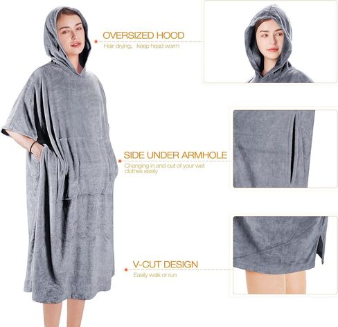 Solaris Surf Poncho Changing Towel Robe for Women Men, Lightweight Changing Robe with Packable Bags, Water Absorbent Wetsuit Beach Hoode Towel for Surfing Swimming in Kuwait