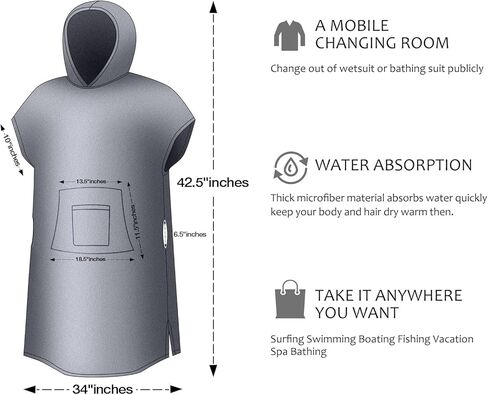 Solaris Surf Poncho Changing Towel Robe for Women Men, Lightweight Changing Robe with Packable Bags, Water Absorbent Wetsuit Beach Hoode Towel for Surfing Swimming in Kuwait