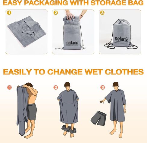 Solaris Surf Poncho Changing Towel Robe for Women Men, Lightweight Changing Robe with Packable Bags, Water Absorbent Wetsuit Beach Hoode Towel for Surfing Swimming in Kuwait